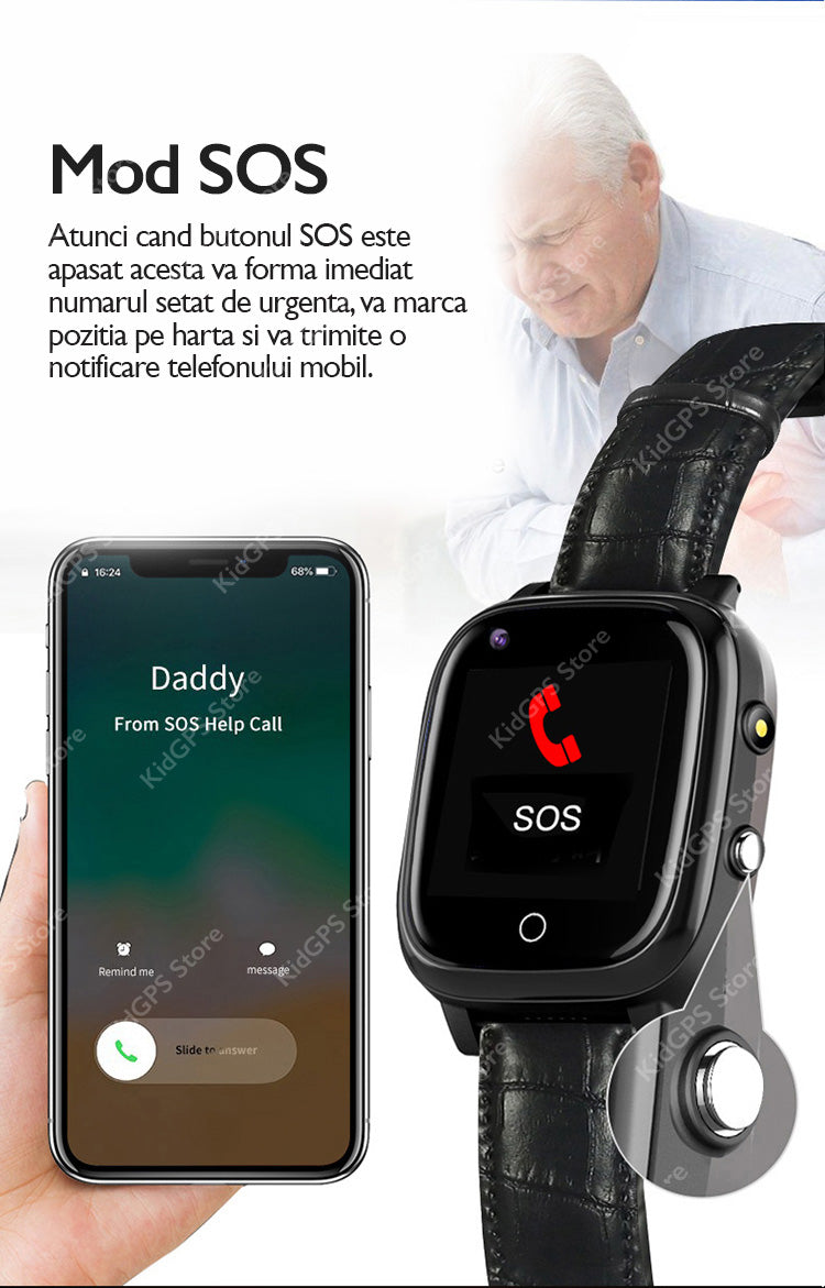 Ceas smartwatch GPS adulti si copii Techon H10 4G, Negru
