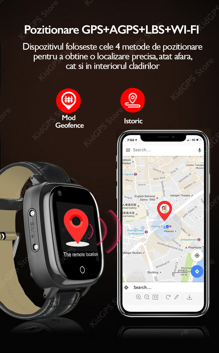 Ceas smartwatch GPS adulti si copii Techon H10 4G, Negru