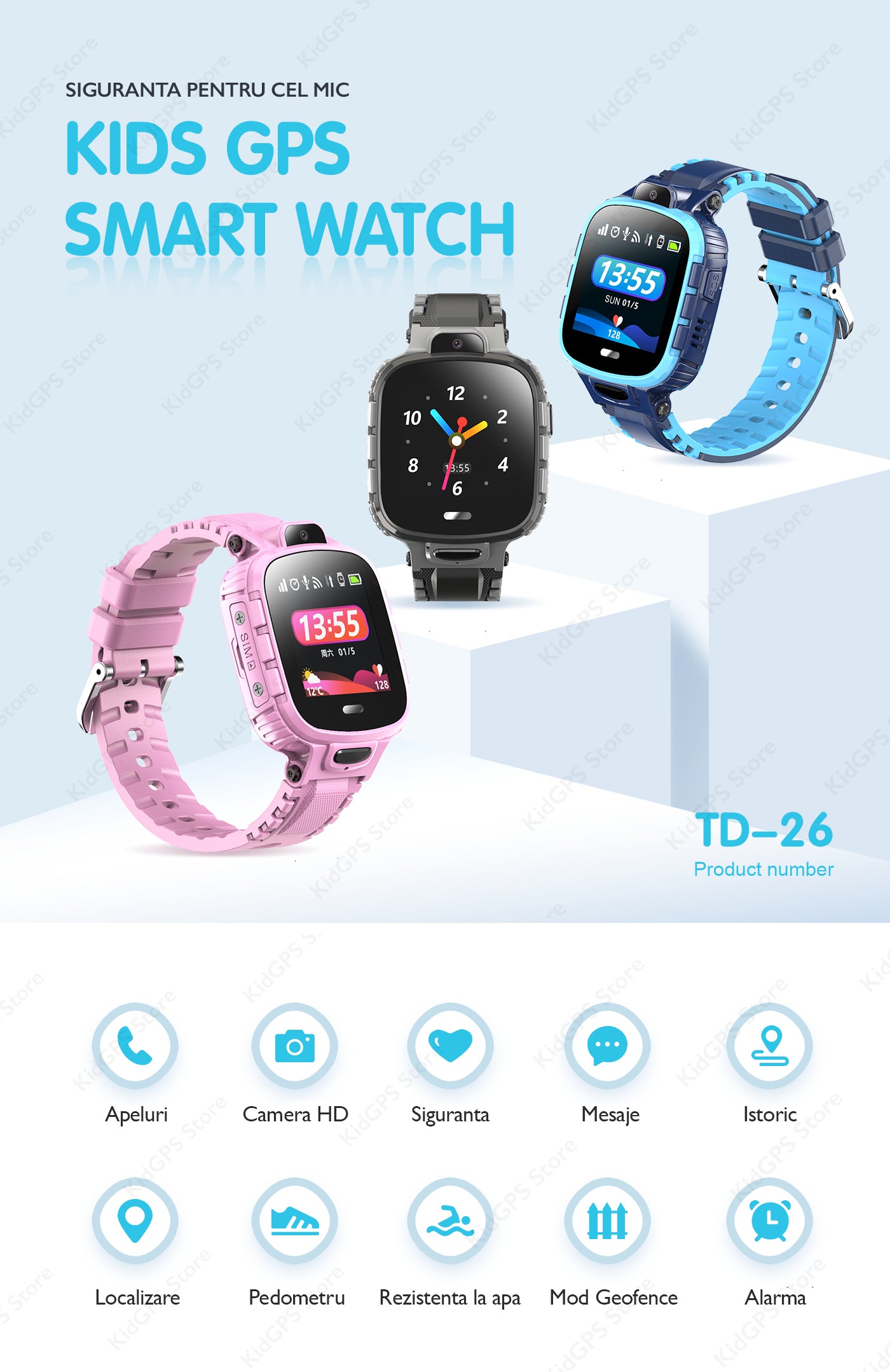 Ceas smartwatch copii GPS TechONE TD26, Negru