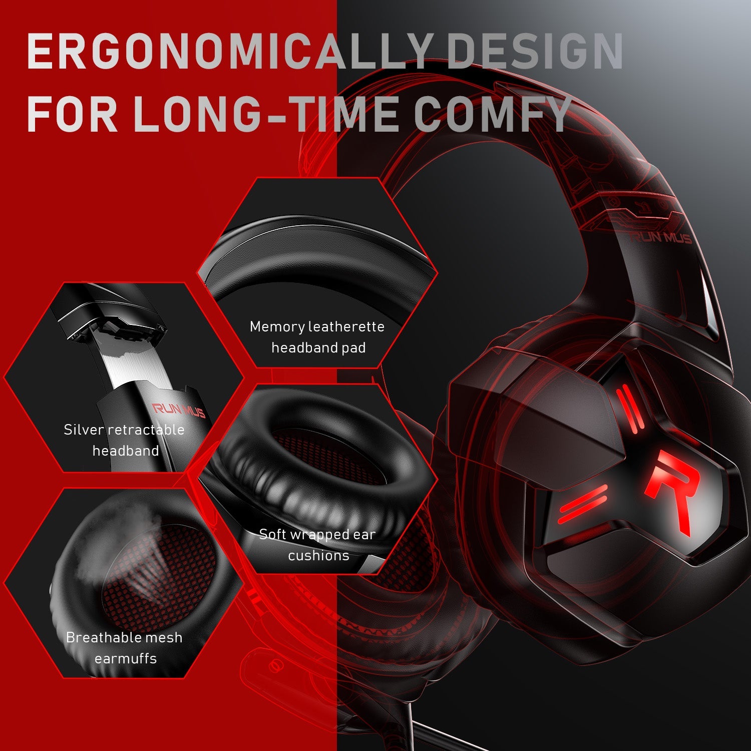 Casti gaming profesionale Runmus K11, Rosu
