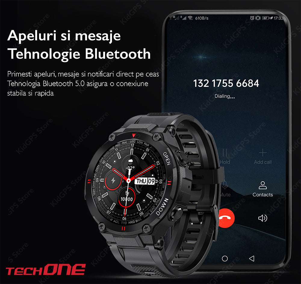 Ceas smartwatch barbati TechONE™ K22, Negru