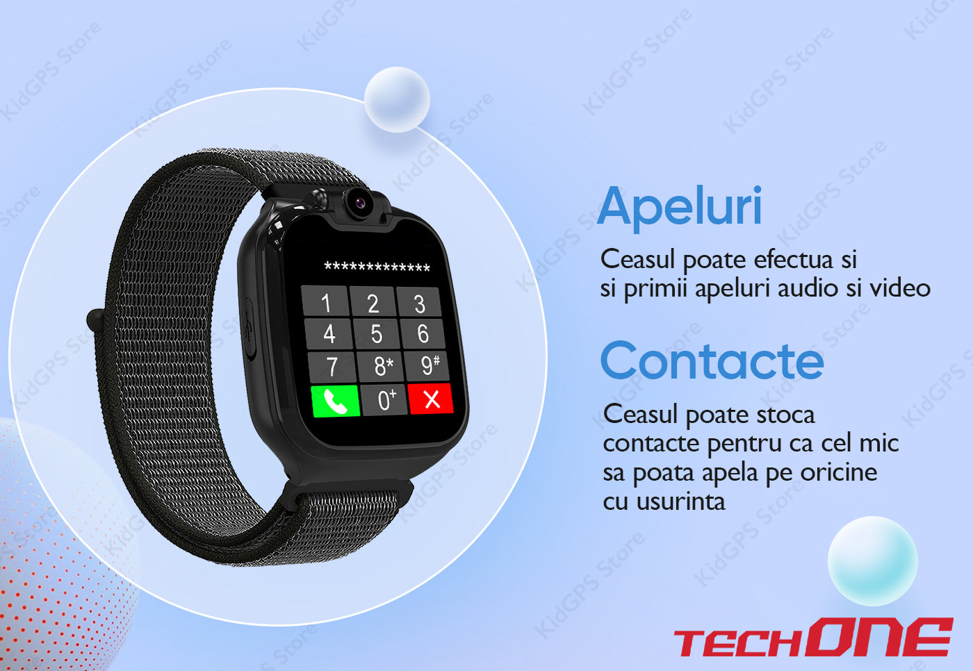 Ceas smartwatch copii cu telefon Techone® G9, Negru