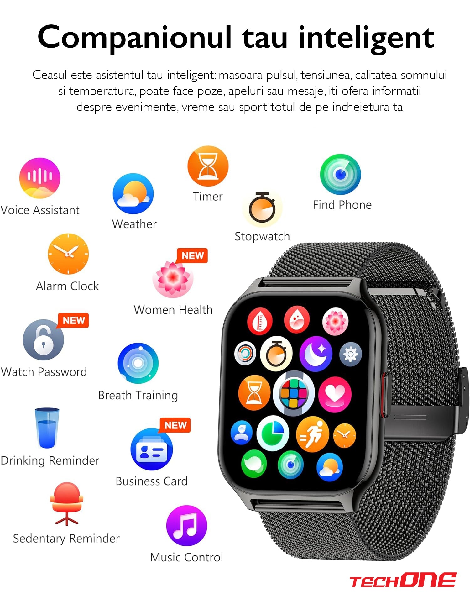 Ceas Smartwatch TechONE Wand Pro, Negru