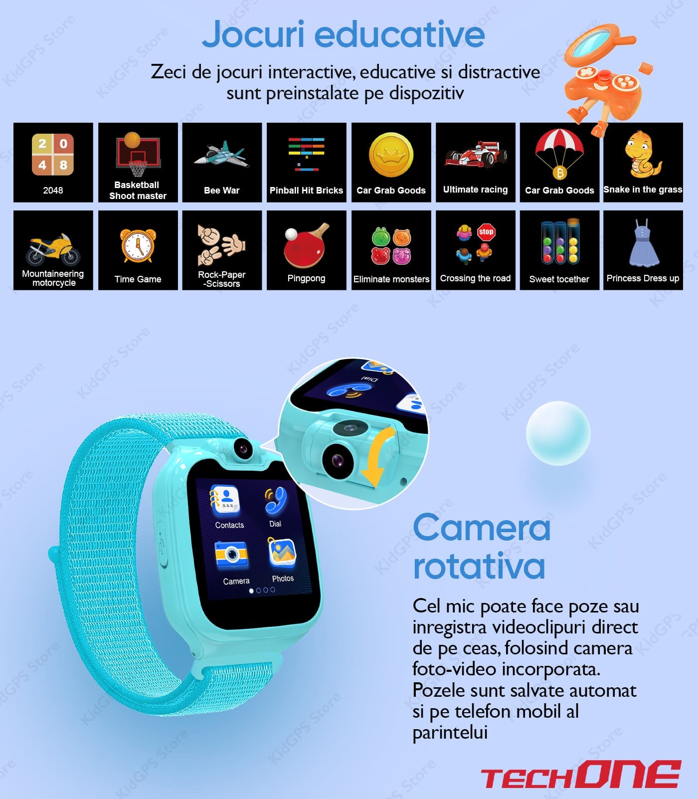 Ceas smartwatch copii cu telefon Techone G9, Albastru