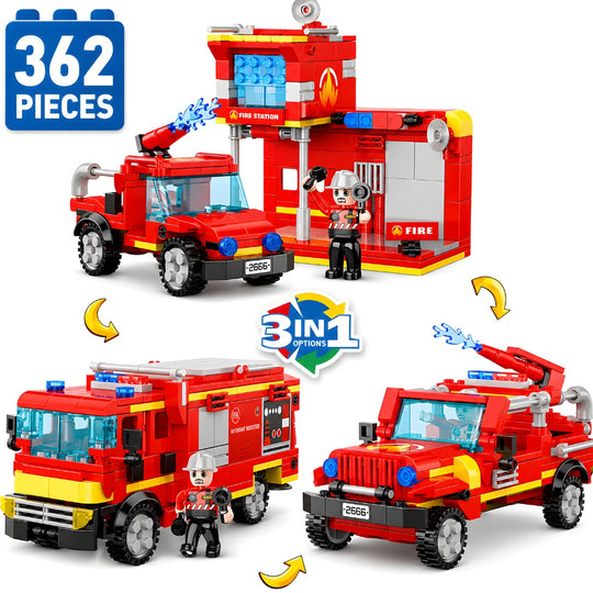 Set de Constructie cu Piese Tip Blocuri Constructie 362 Piese MiniBric 3 in 1 Fire Station