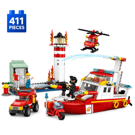 Set de Constructie cu Piese Tip Blocuri Constructie 411 Piese MiniBric Fire Rescue Boat,