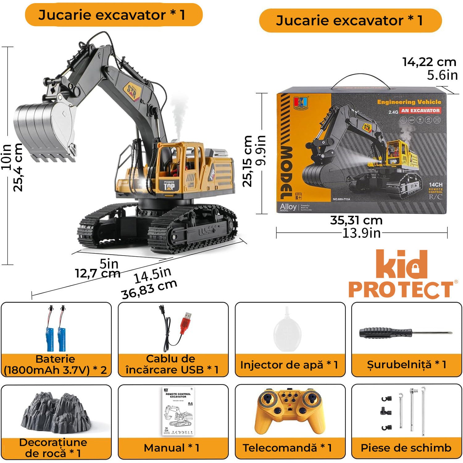 Excavator Super Realist Cu Telecomanda Pentru Copii KidProtect Digger Pro RC