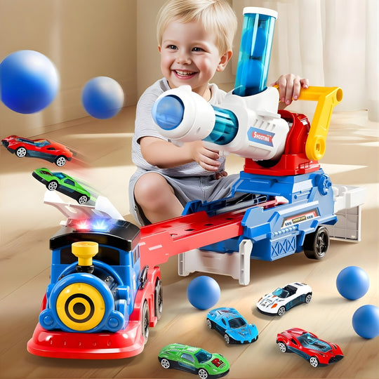 Set Tren cu Remorca Camion De Jucarie Lansator Masinute si Bile Pentru Copii Transport, KidProtect Train Puncher