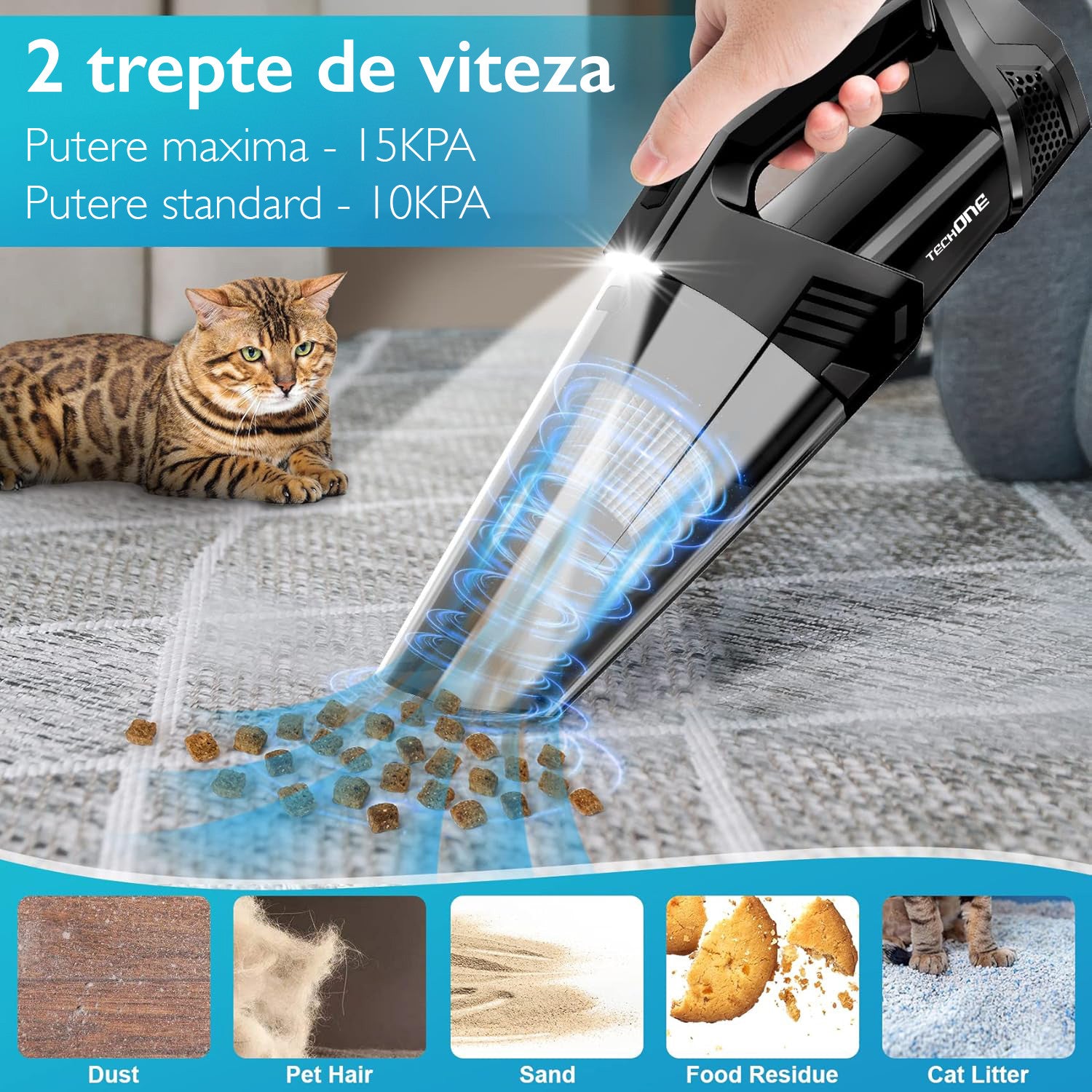 Aspirator de Mana Portabil Cu Acumulator Techone DustJet Pro, Negru