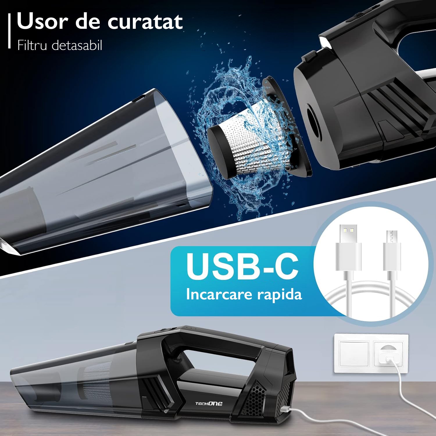 Aspirator de Mana Portabil Cu Acumulator Techone DustJet Pro, Negru