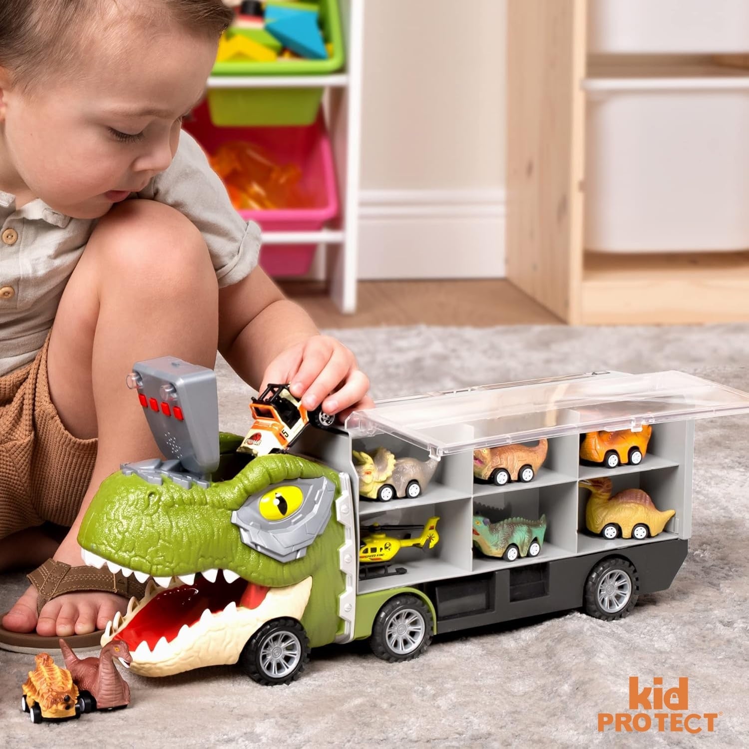 Set Camion Tit De Jucarie Pentru Copii Transport, KidProtect DinoHaul Car Carrier, 3 ani+