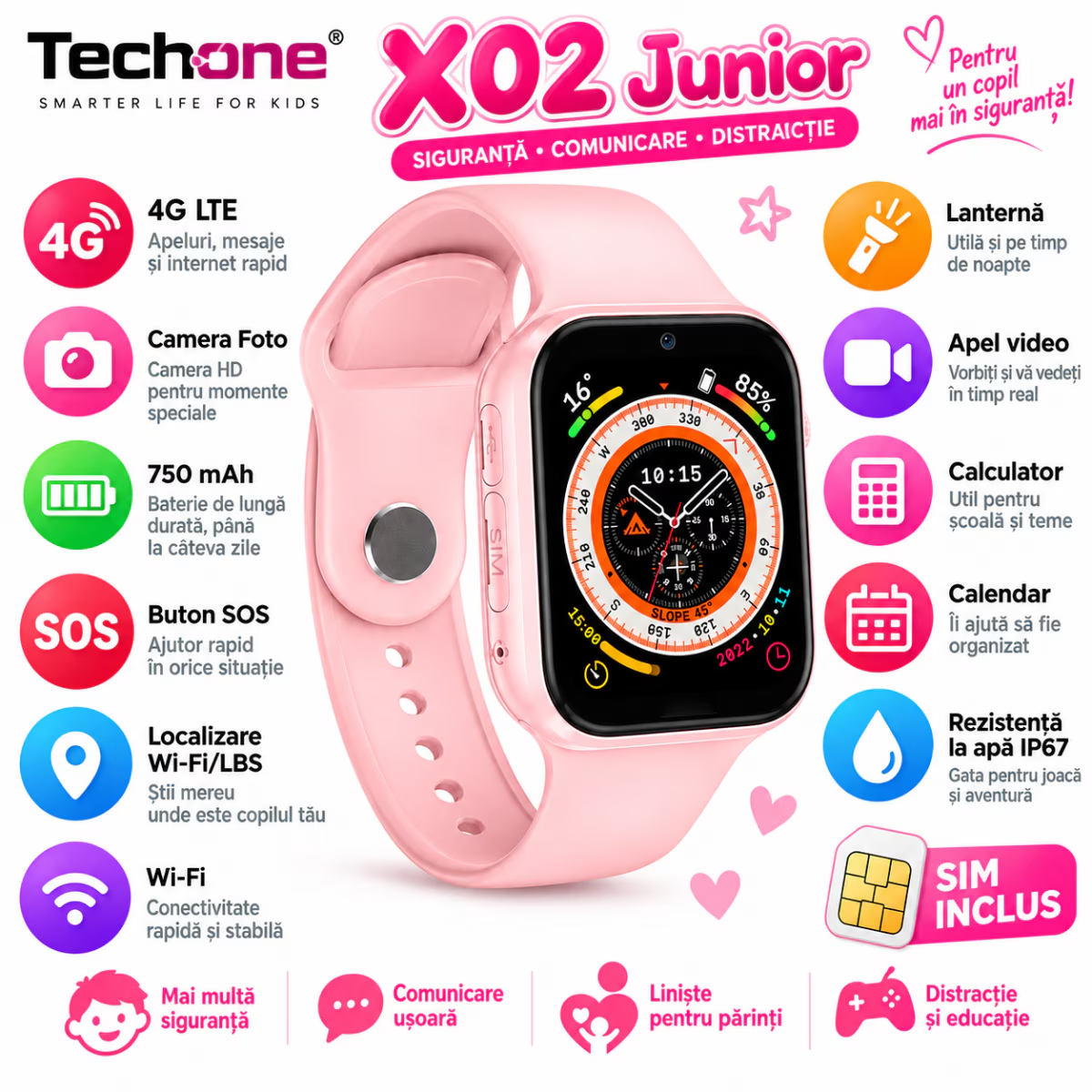 Ceas Smartwatch Copii Cu Localizare W-Fi/LBS Si Telefon Techone X02 Junior, Roz