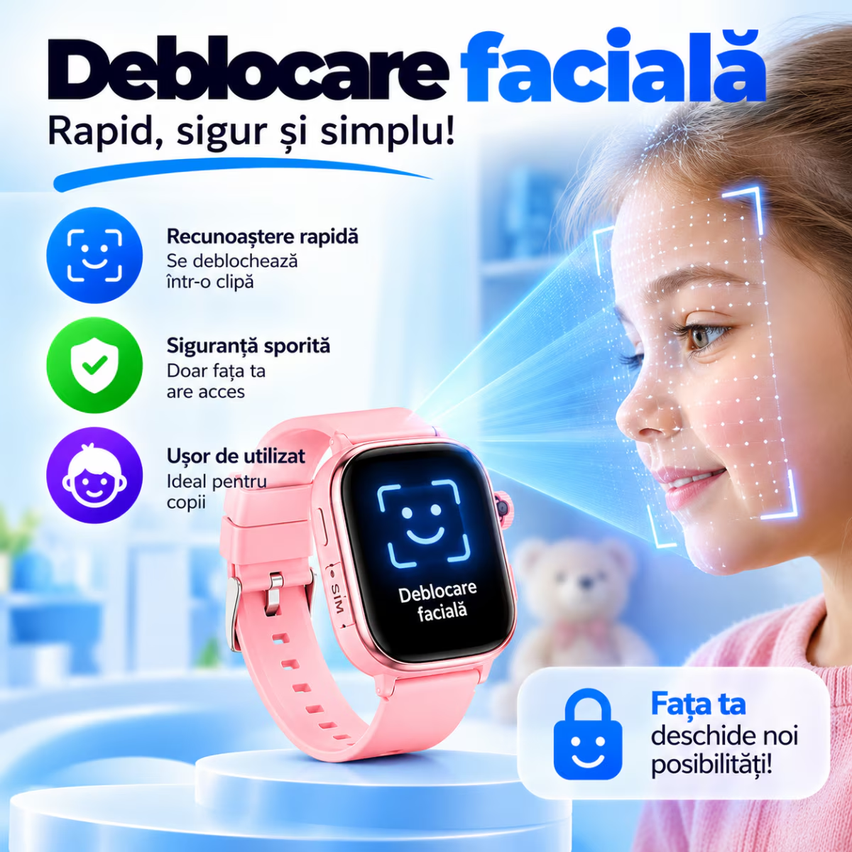 Ceas Smartwatch Copii Cu Localizare GPS Si Telefon Techone T86 KidGo, Albastru