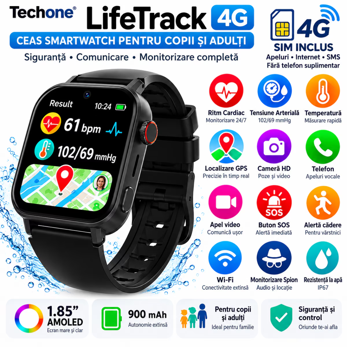Ceas Smartwatch Copii si Adulti Cu Localizare GPS Si Telefon Techone LifeTrack, Negru