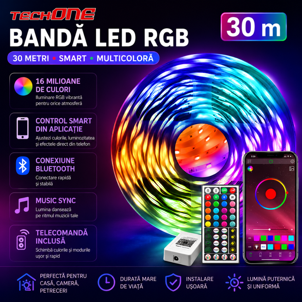 Kit Banda LED Techone Smart RGB 30 Metri (2 X 13.5m)