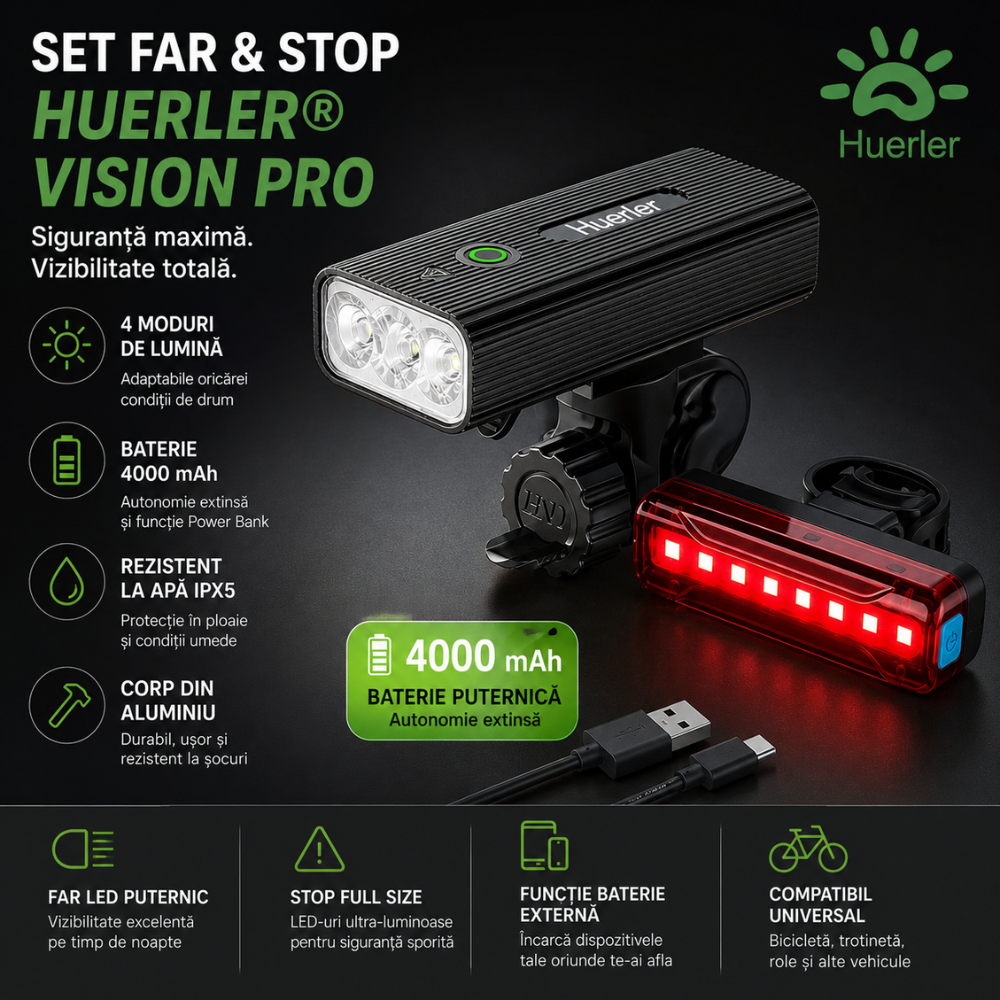 Set Far si Stop Bicicleta, Din Aluminiu, Huerler Vision Pro