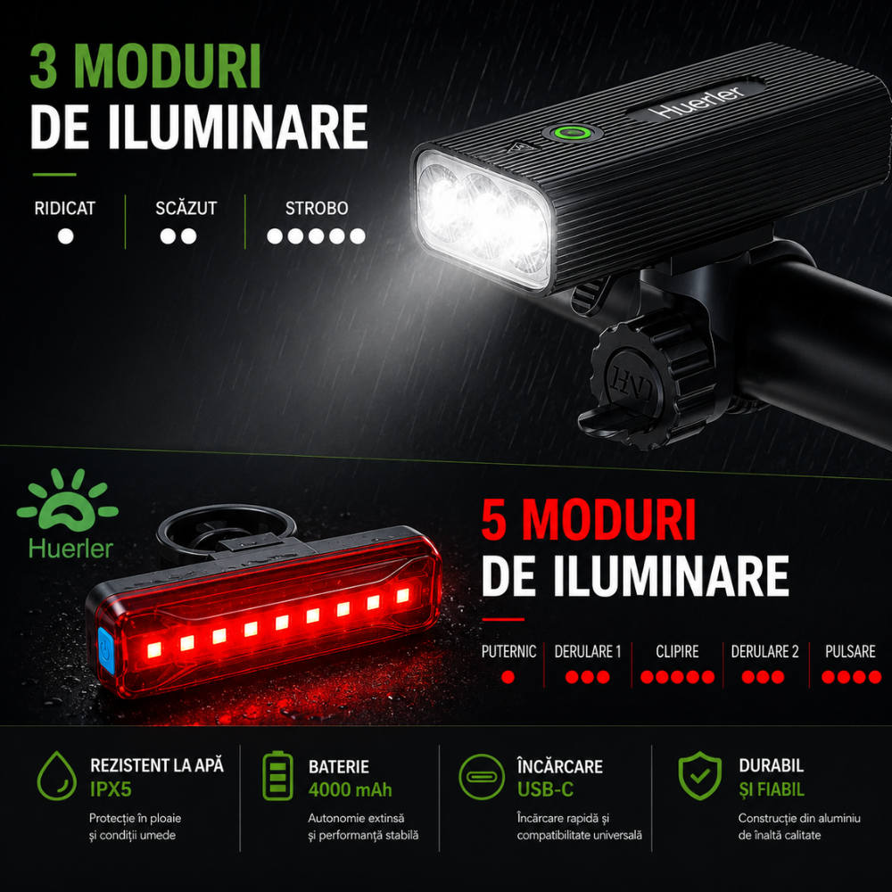 Set Far si Stop Bicicleta, Din Aluminiu, Huerler Vision Pro