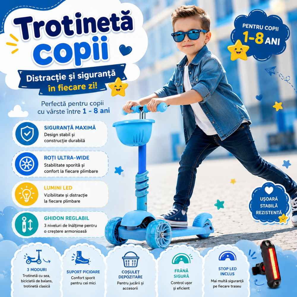 Trotineta copii 3 in 1 KidProtect Ultra Safe, Albastru