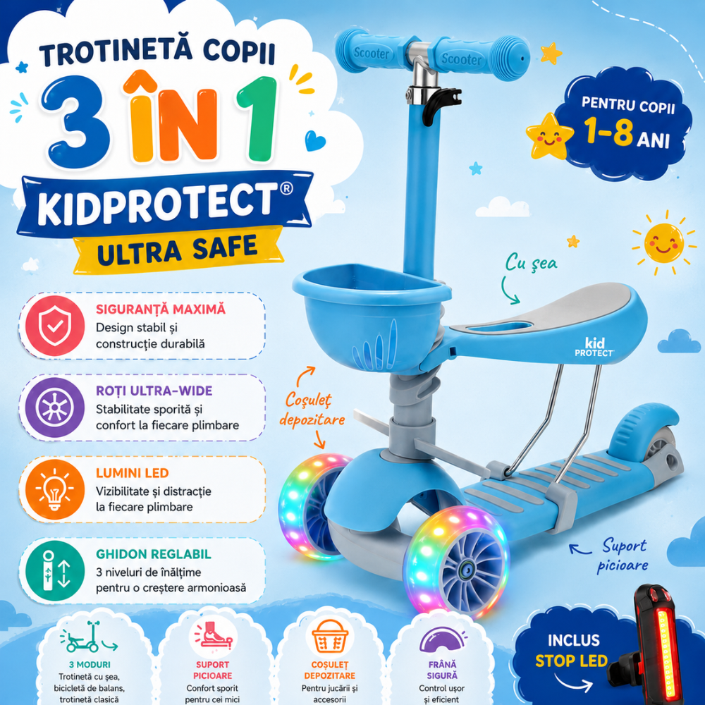 Trotineta copii 3 in 1 KidProtect Ultra Safe, Albastru