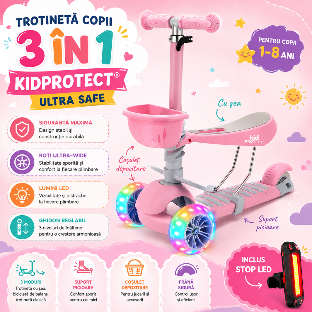 Trotineta copii 3 in 1 KidProtect Ultra Safe, Roz