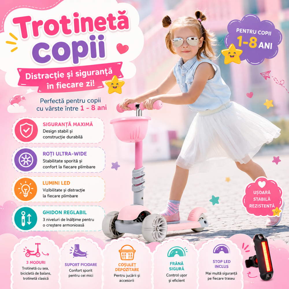 Trotineta copii 3 in 1 KidProtect Ultra Safe, Roz