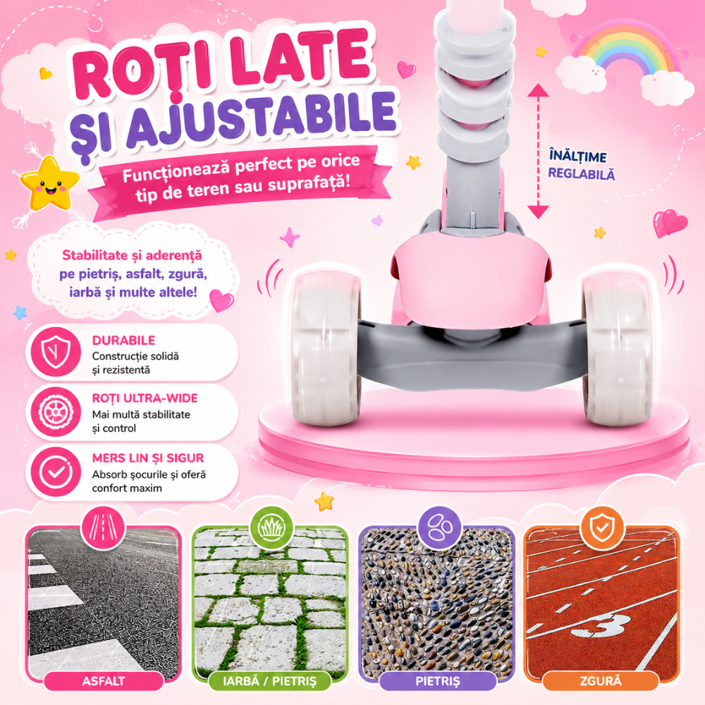 Trotineta copii 3 in 1 KidProtect Ultra Safe, Roz