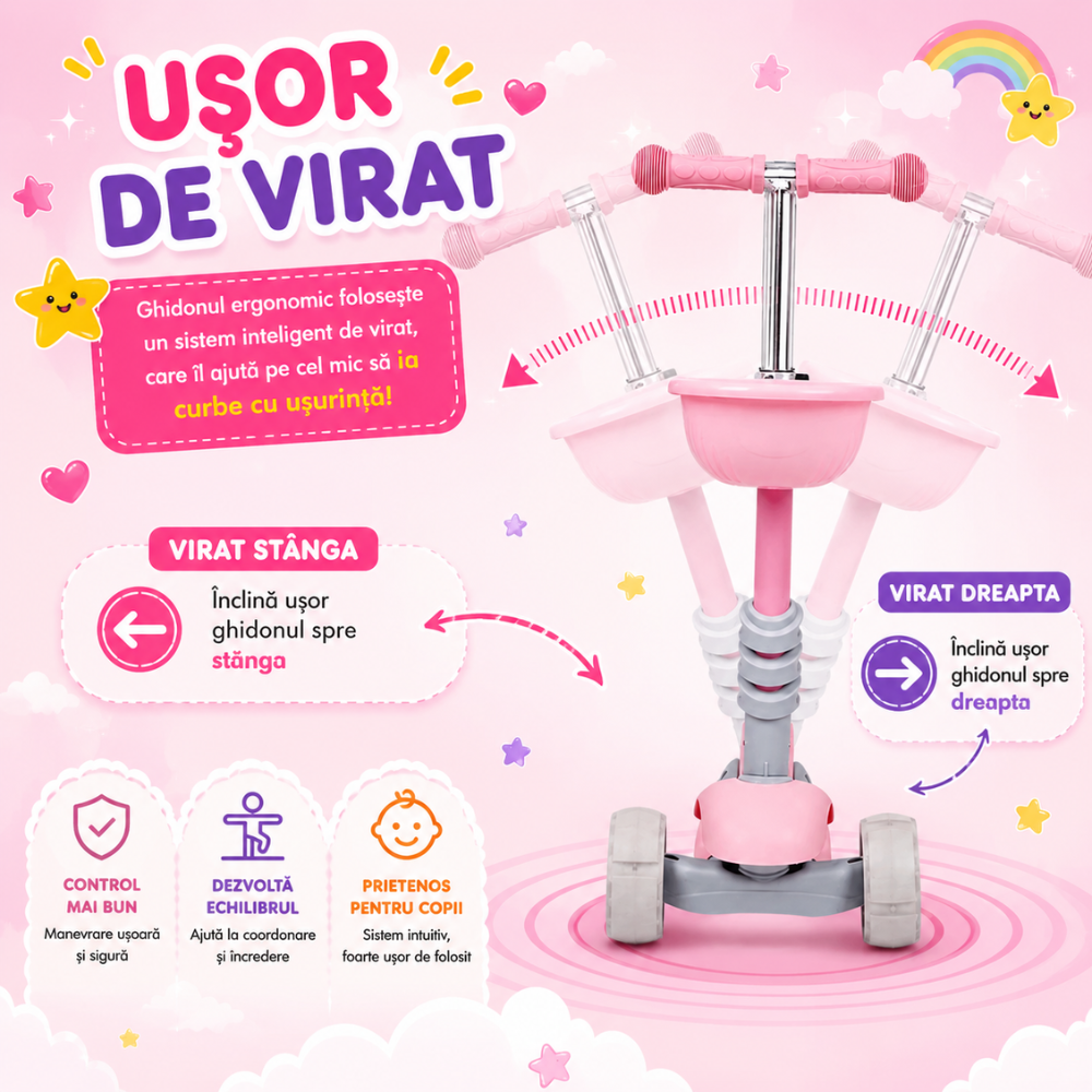 Trotineta copii 3 in 1 KidProtect Ultra Safe, Roz