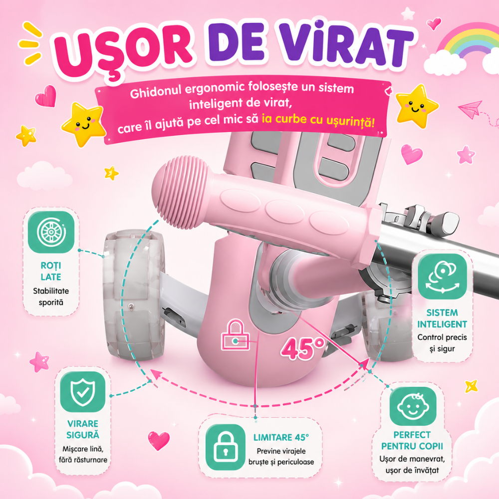 Trotineta copii 3 in 1 KidProtect Ultra Safe, Roz