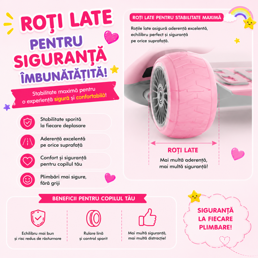 Trotineta copii 3 in 1 KidProtect Ultra Safe, Roz