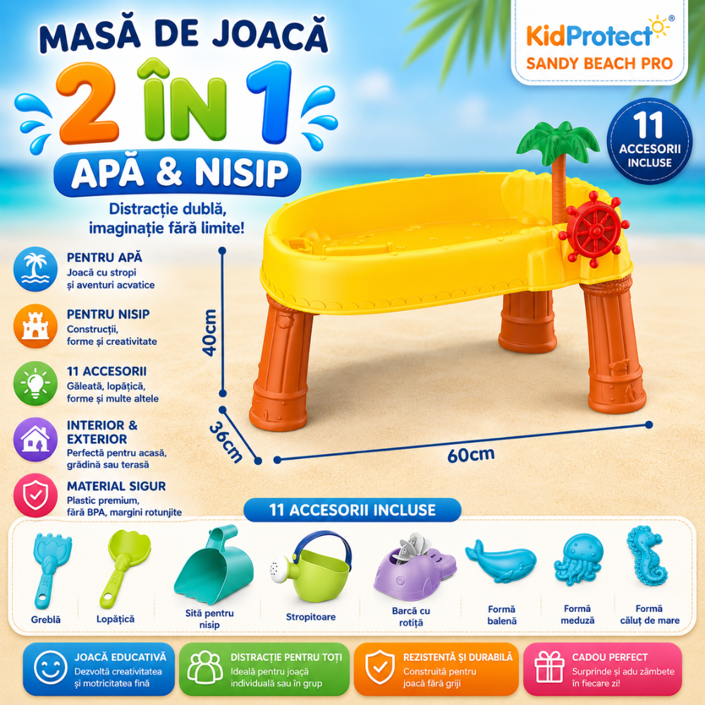 Masuta de Joaca Copii 2 in 1 Pentru Nisip si Apa KidProtect Sandy Beach Pro