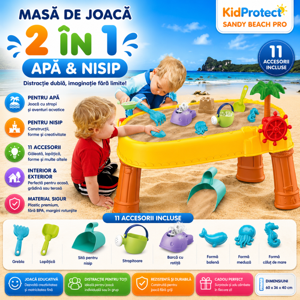 Masuta de Joaca Copii 2 in 1 Pentru Nisip si Apa KidProtect Sandy Beach Pro