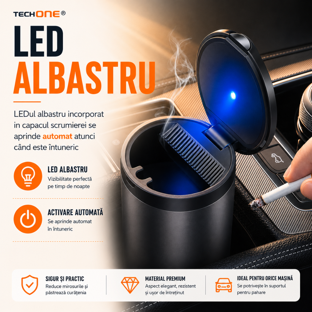 Scrumiera auto Techone Mini Metal Pro, lumina led, detasabila, interior metal, capac cu arc, negru