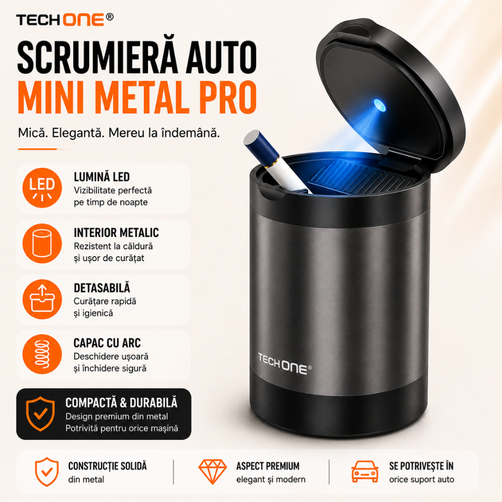 Scrumiera auto Techone Mini Metal Pro, lumina led, detasabila, interior metal, capac cu arc, negru