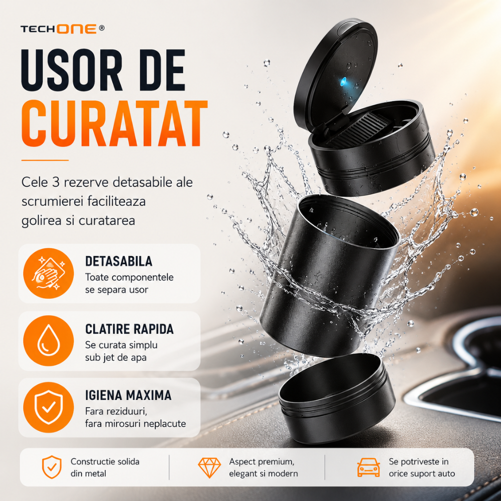Scrumiera auto Techone Mini Metal Pro, lumina led, detasabila, interior metal, capac cu arc, negru