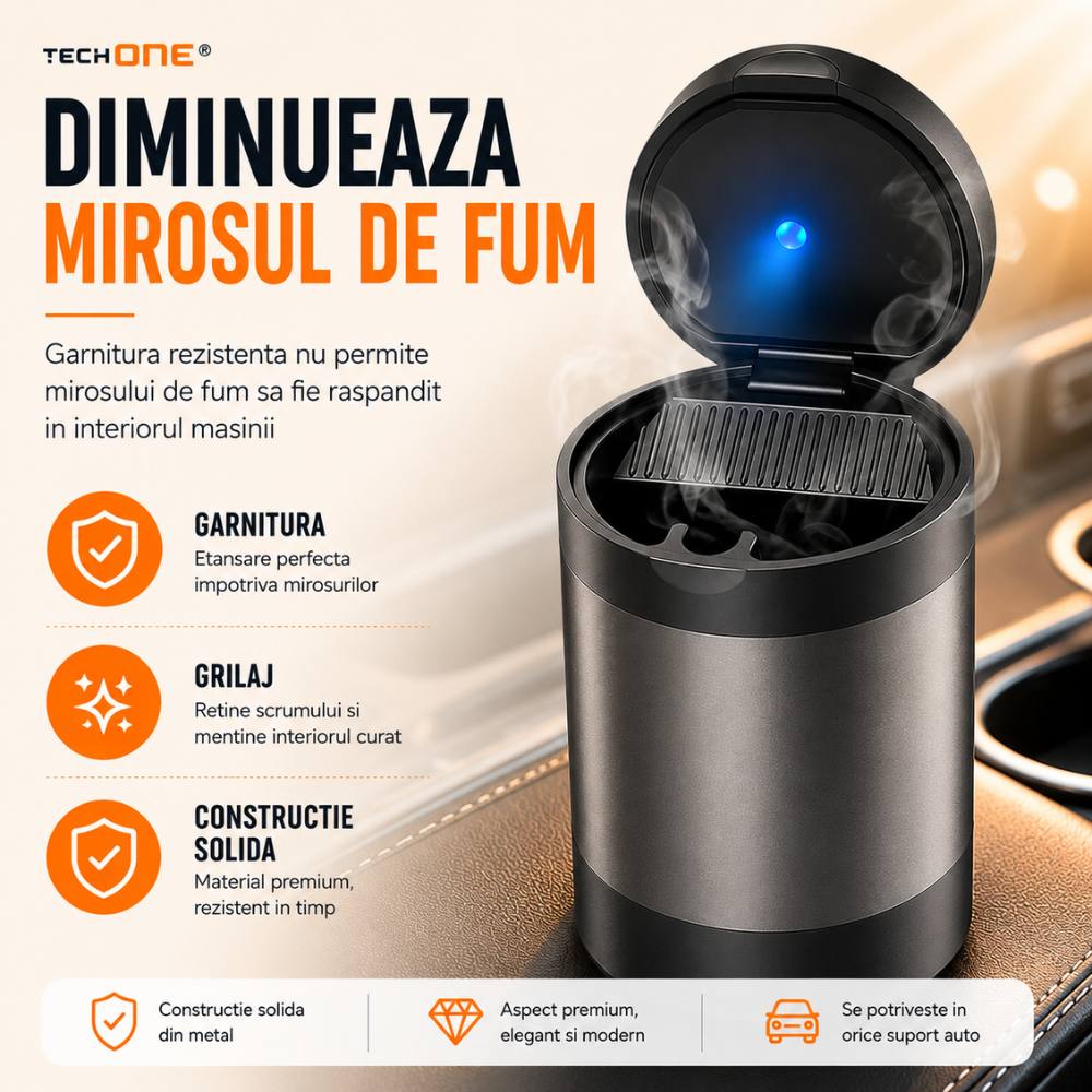 Scrumiera auto Techone Mini Metal Pro, lumina led, detasabila, interior metal, capac cu arc, negru