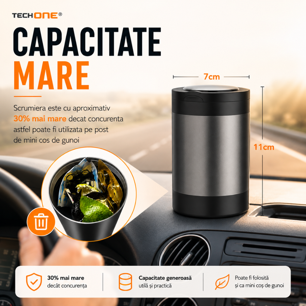 Scrumiera auto Techone Mini Metal Pro, lumina led, detasabila, interior metal, capac cu arc, negru