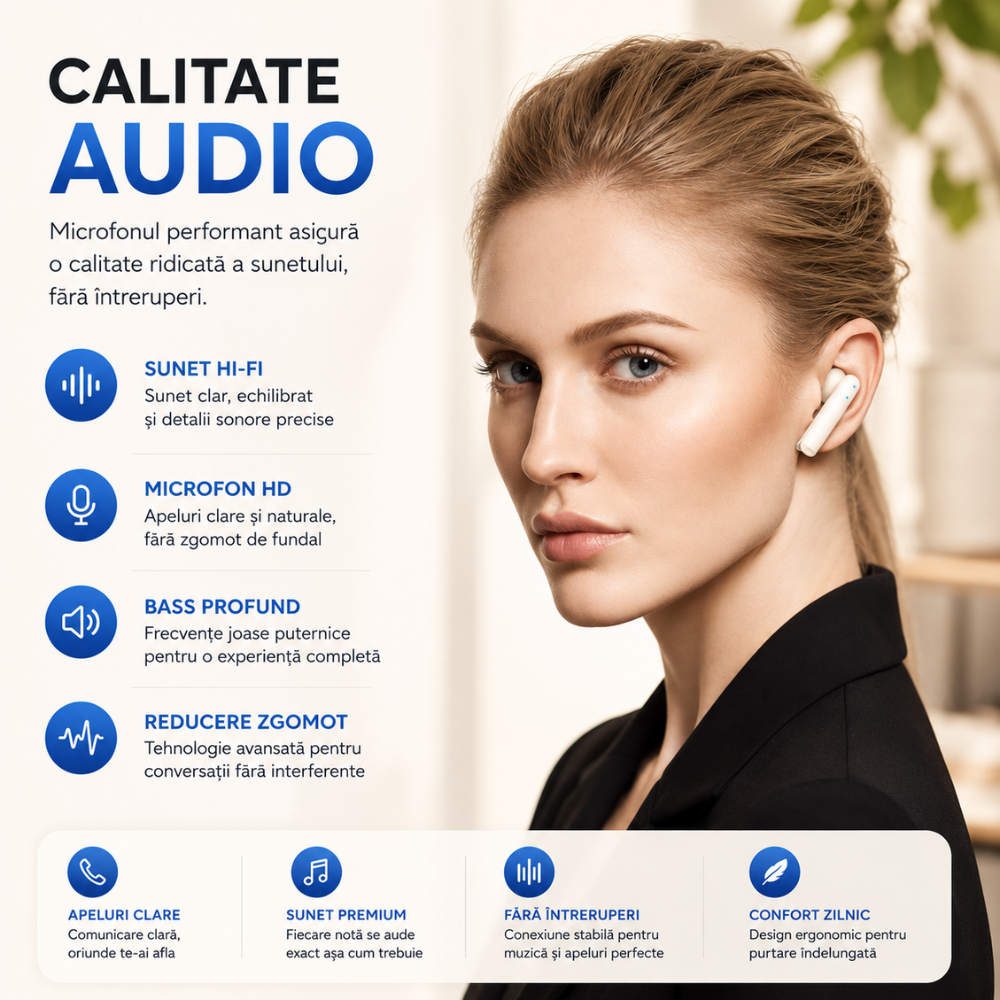 Casti Wireless BT 5.3 Audio Profesionale Oddloops T39, Alb
