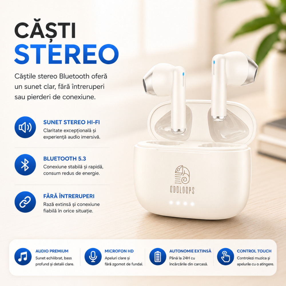 Casti Wireless BT 5.3 Audio Profesionale Oddloops T39, Alb