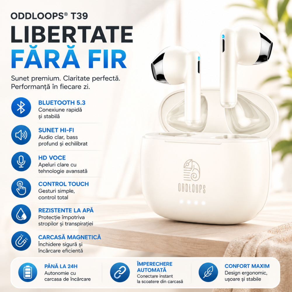 Casti Wireless BT 5.3 Audio Profesionale Oddloops T39, Alb