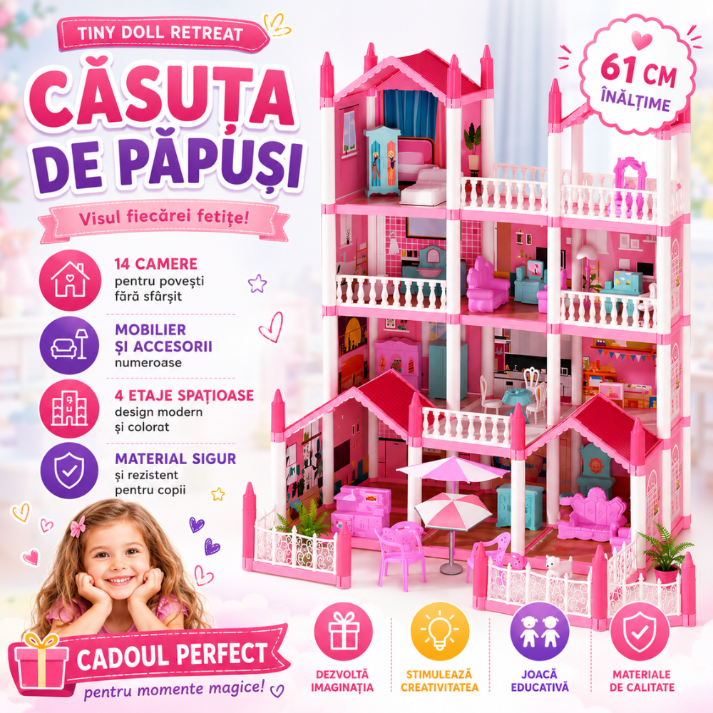 Casuta Papusi Copii Fetite Kidprotect Tiny Doll Retreat, Roz