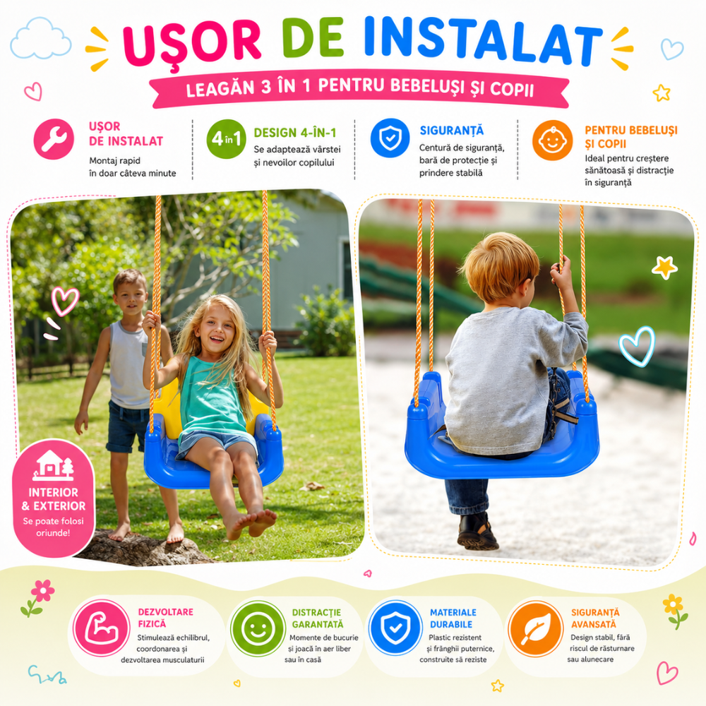 Leagan Copii 3 in 1 de Exterior si Interior KidProtect Swing Buddy