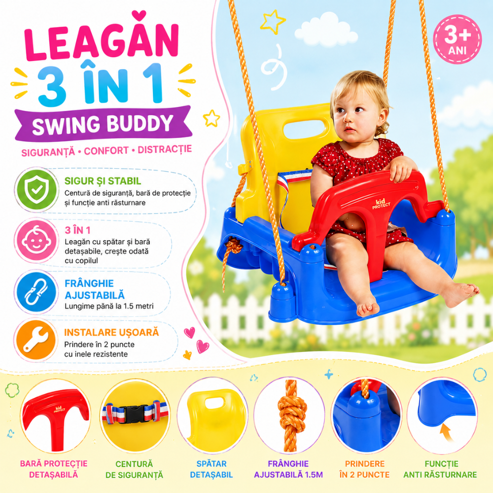 Leagan Copii 3 in 1 de Exterior si Interior KidProtect Swing Buddy