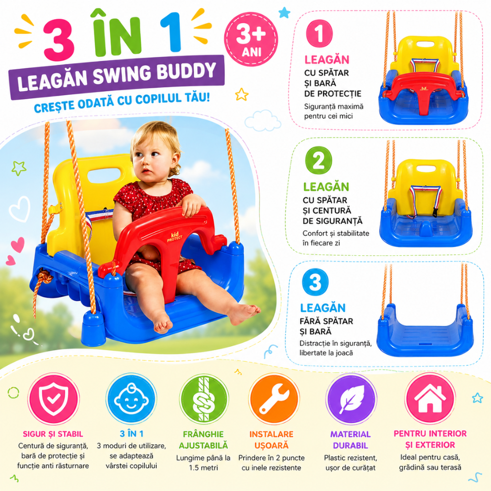 Leagan Copii 3 in 1 de Exterior si Interior KidProtect Swing Buddy
