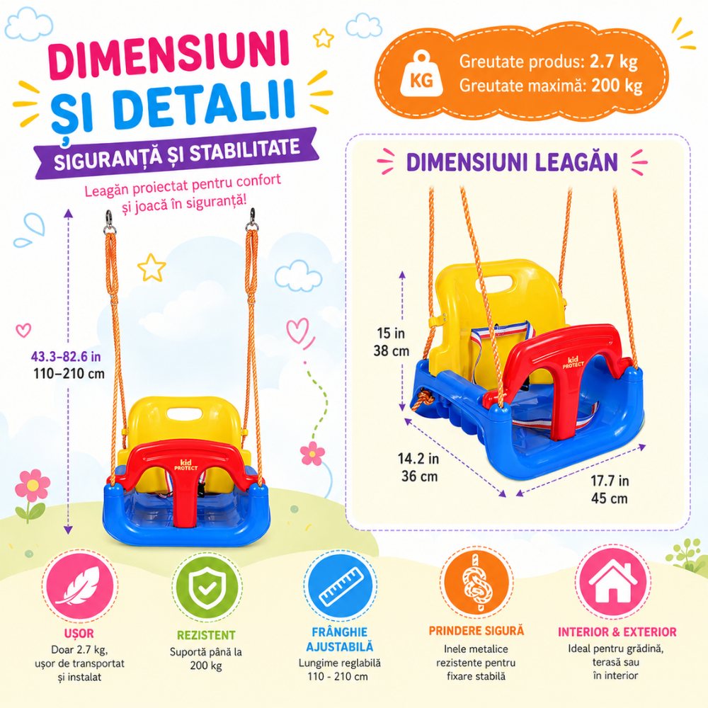 Leagan Copii 3 in 1 de Exterior si Interior KidProtect Swing Buddy