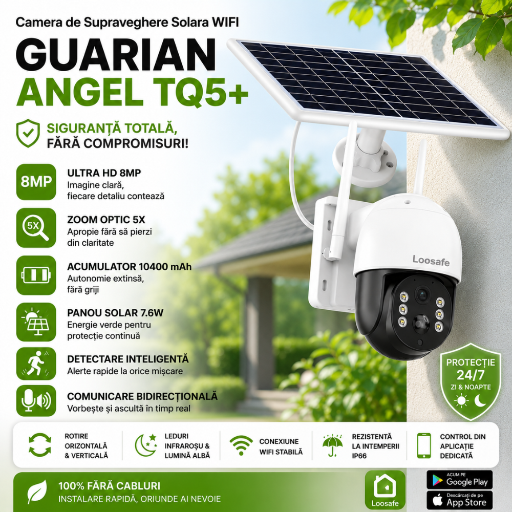 Camera de Supraveghere Solara WIFI Loosafe WiFiGuard TQ5+, 8MP, Negru