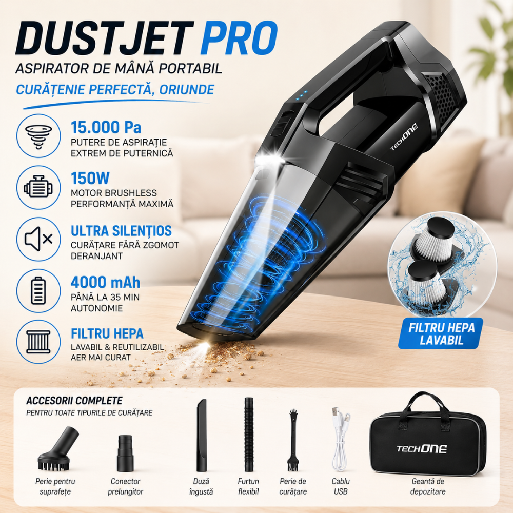 Aspirator de Mana Portabil Cu Acumulator Techone DustJet Pro, Negru