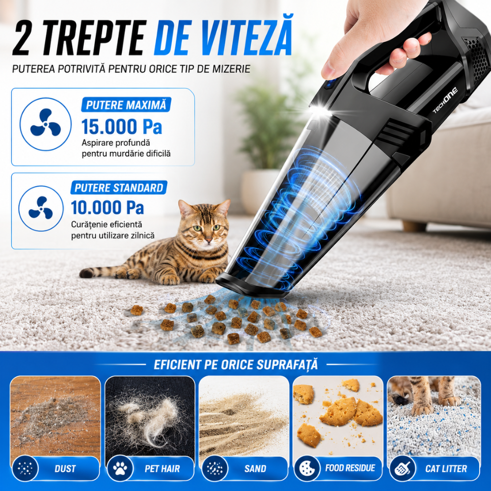 Aspirator de Mana Portabil Cu Acumulator Techone DustJet Pro, Negru