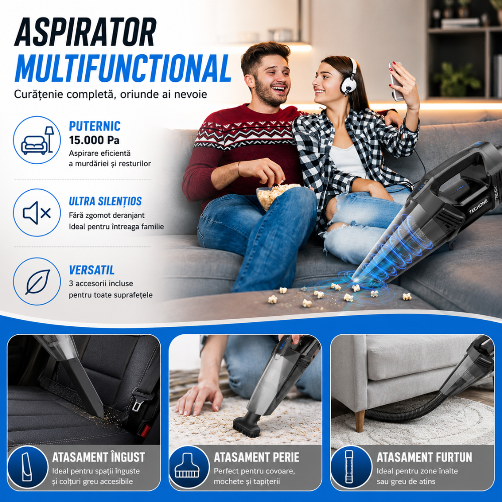 Aspirator de Mana Portabil Cu Acumulator Techone DustJet Pro, Negru