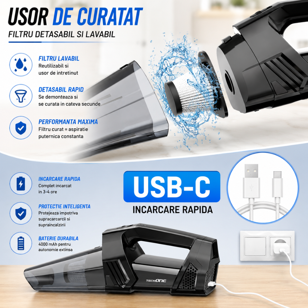 Aspirator de Mana Portabil Cu Acumulator Techone DustJet Pro, Negru