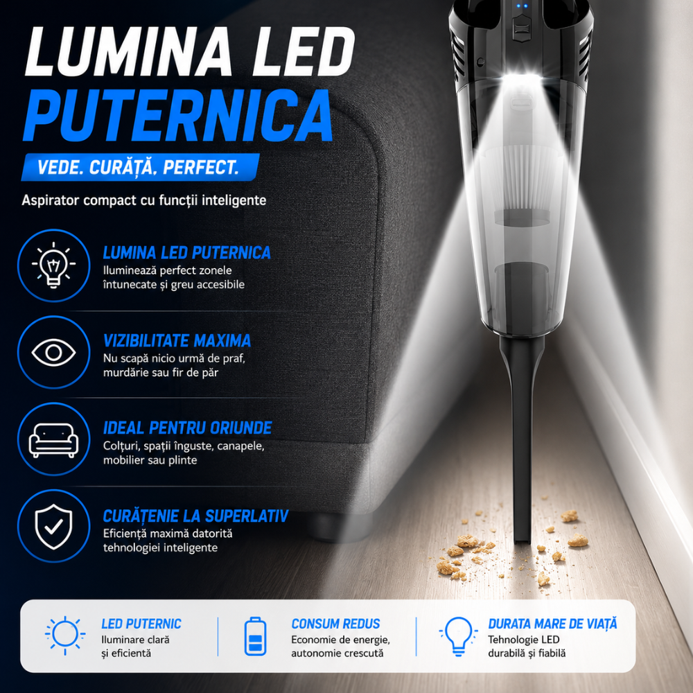 Aspirator de Mana Portabil Cu Acumulator Techone DustJet Pro, Negru